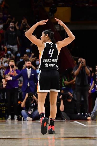 Skylar Diggins-Smith of the Phoenix Mercury reacts to a play during the game against the Las Vegas Aces during Game Three of the 2021 WNBA Semifinals...