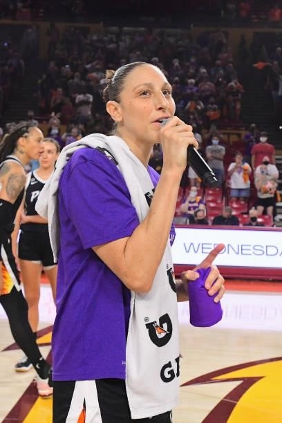 Diana Taurasi of the Phoenix Mercury speaks to the fans after the game against the Las Vegas Aces during Game Three of the 2021 WNBA Semifinals on...
