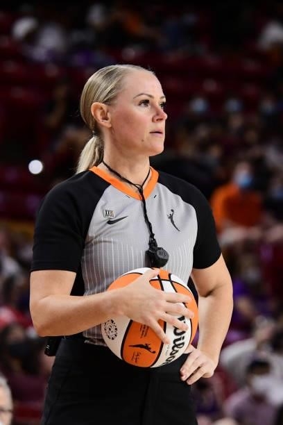 Referee, Tiffany Bird looks on during the game between the Phoenix Mercury and the Las Vegas Aces during Game Three of the 2021 WNBA Semifinals on...