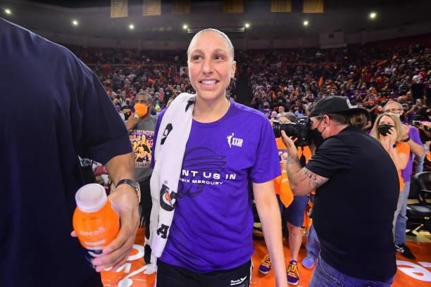 Diana Taurasi of the Phoenix Mercury smiles after the game against the Las Vegas Aces during Game Three of the 2021 WNBA Semifinals on October 3,...