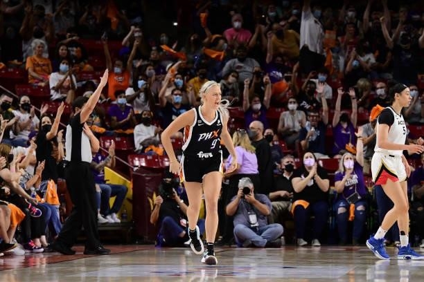 Sophie Cunningham of the Phoenix Mercury reacts to a play during the game against the Las Vegas Aces during Game Three of the 2021 WNBA Semifinals on...