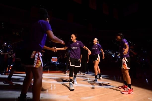 Diana Taurasi of the Phoenix Mercury is introduced before the game against the Las Vegas Aces during Game Three of the 2021 WNBA Semifinals on...