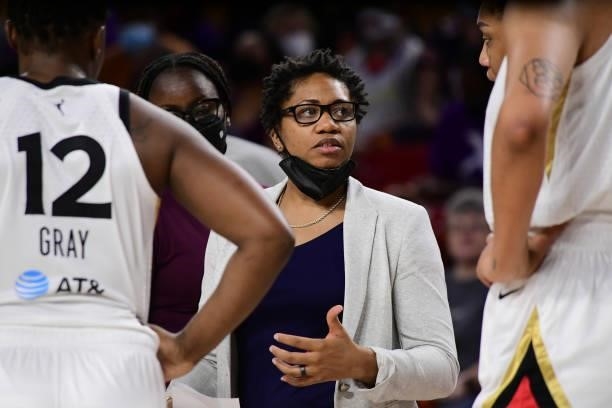 Assistant Coach, Tanisha Wright of the Las Vegas Aces talks to her players during the game against the Phoenix Mercury during Game Three of the 2021...