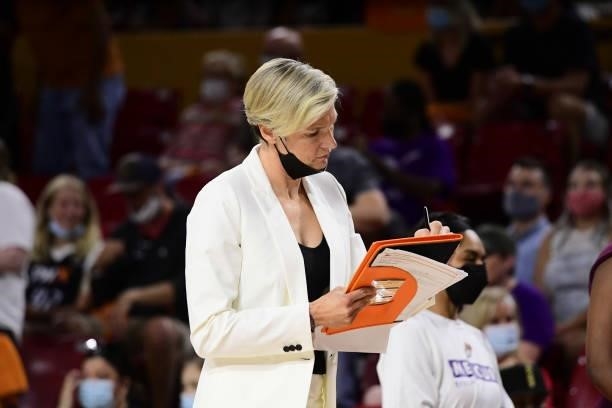 Assistant Coach, Vanessa Nygaard of the Las Vegas Aces writes some notes during the game against the Phoenix Mercury during Game Three of the 2021...