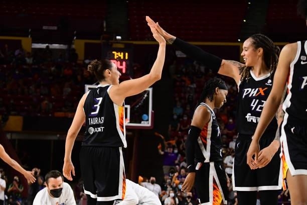 Diana Taurasi and Brittney Griner of the Phoenix Mercury high five during the game against the Las Vegas Aces during Game Three of the 2021 WNBA...