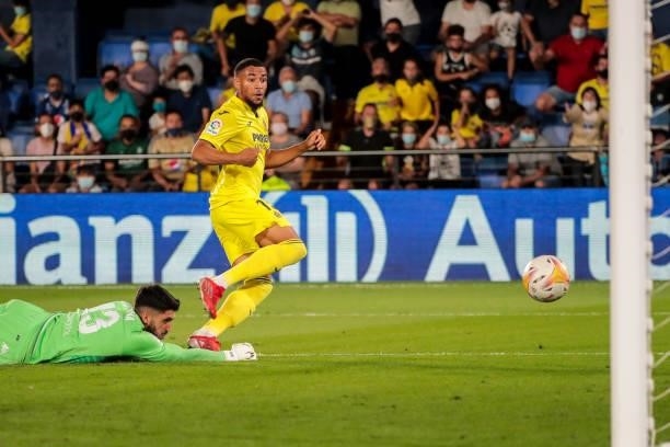 Villarreal's Arnaut Danjuma scoring the 2-0 goal during La Liga match between Villarreal CF and Real Betis Balompie at La Ceramica Stadium on October...