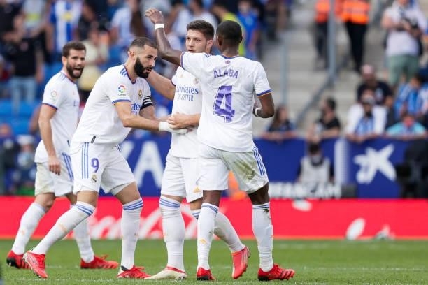 Karim Benzema of Real Madrid celebrates goal 1-2 with Luka Jovic of Real Madrid, David Alaba of Real Madrid during the La Liga Santander match...