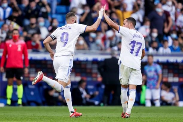 Karim Benzema of Real Madrid, Lucas Vazquez of Real Madrid celebrates goal 1-2 during the La Liga Santander match between Espanyol v Real Madrid at...