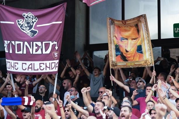 Supporters of US Salernitana 1919 show a banner with the face of Franck Ribery of US Salernitana 1919 during the Serie A match between US Salernitana...