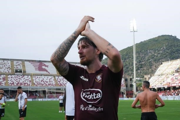 Stefan Strandberg of US Salernitana 1919 celebrate the first victory during the Serie A match between US Salernitana 1919 and Genoa CFC at Stadio...
