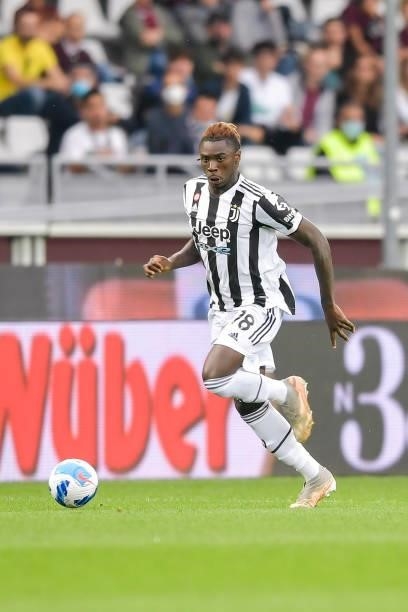 Moise Kean of Juventus controls the ball during the Serie A match between Torino FC v Juventus at Stadio Olimpico di Torino on October 02, 2021 in...