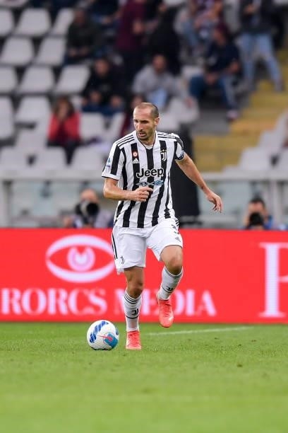 Giorgio Chiellini of Juventus controls the ball during the Serie A match between Torino FC v Juventus at Stadio Olimpico di Torino on October 02,...