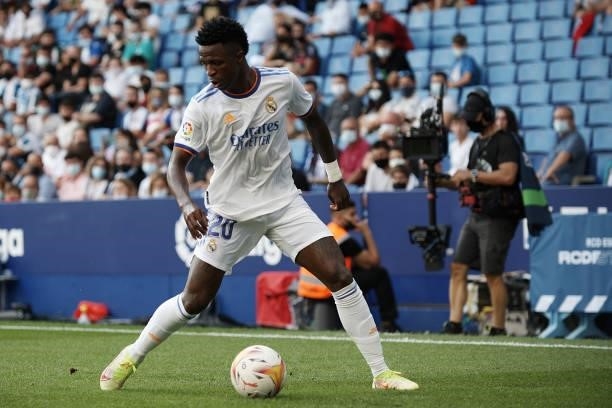 Vinicius Junior of Real Madrid in action during the La Liga Santander match between RCD Espanyol and Real Madrid CF at RCDE Stadium on October 3,...