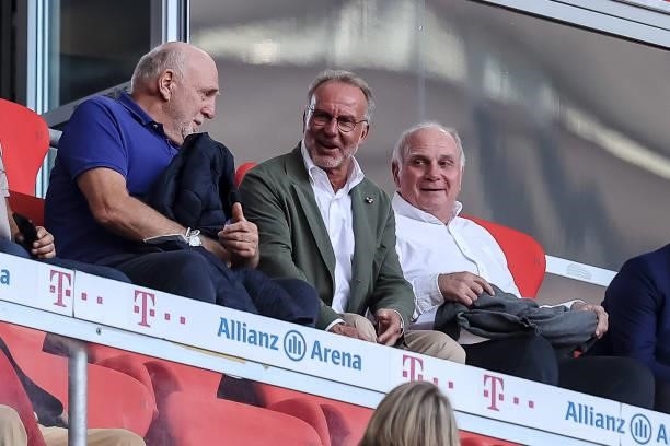Dieter Hoeness, Karl-Heinz Rummenigge and Uli Hoeness of Bayern Muenchen look on prior to the Bundesliga match between FC Bayern Muenchen and...