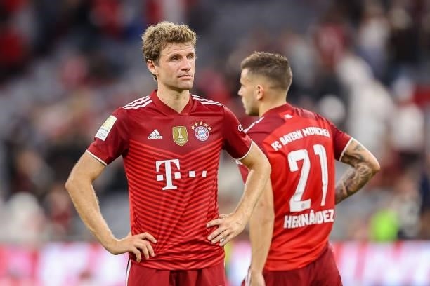 Thomas Mueller of Bayern Muenchen looks dejected during the Bundesliga match between FC Bayern Muenchen and Eintracht Frankfurt at Allianz Arena on...