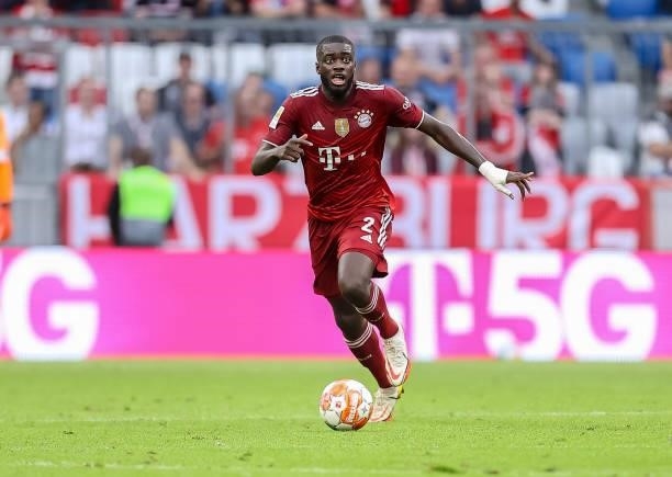Dayot Upamecano of Bayern Muenchen controls the ball during the Bundesliga match between FC Bayern Muenchen and Eintracht Frankfurt at Allianz Arena...