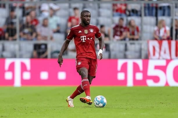 Dayot Upamecano of Bayern Muenchen controls the ball during the Bundesliga match between FC Bayern Muenchen and Eintracht Frankfurt at Allianz Arena...