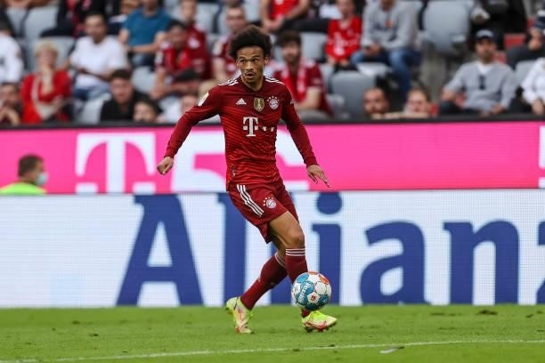 Leroy Sane of Bayern Muenchen controls the ball during the Bundesliga match between FC Bayern Muenchen and Eintracht Frankfurt at Allianz Arena on...