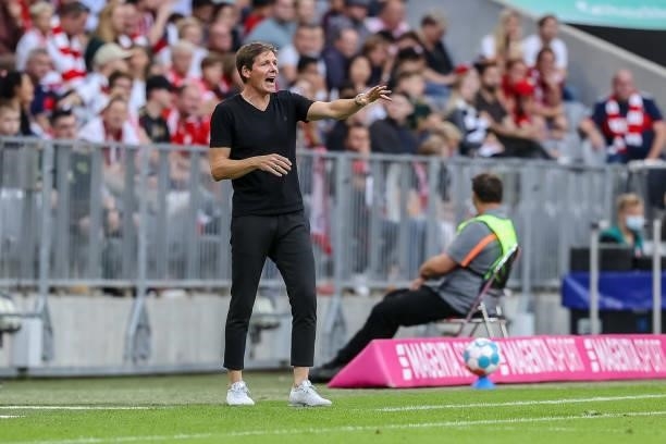 Head coach Oliver Glasner of Eintracht Frankfurt gestures during the Bundesliga match between FC Bayern Muenchen and Eintracht Frankfurt at Allianz...