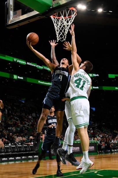 Jalen Suggs of the Orlando Magic shoots the ball during the game against the Boston Celtics on October 4, 2021 at the TD Garden in Boston,...