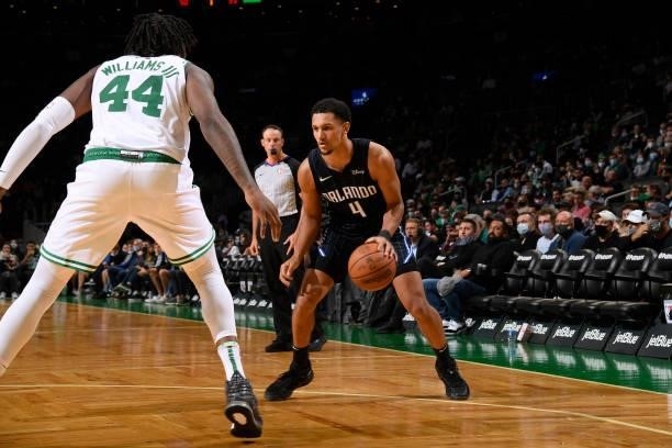 Jalen Suggs of the Orlando Magic dribbles the ball during the game against the Boston Celtics on October 4, 2021 at the TD Garden in Boston,...