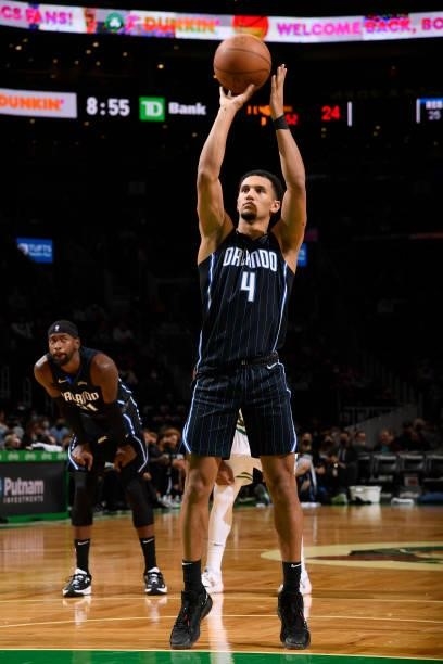 Jalen Suggs of the Orlando Magic shoots a free throw during the game against the Boston Celtics on October 4, 2021 at the TD Garden in Boston,...