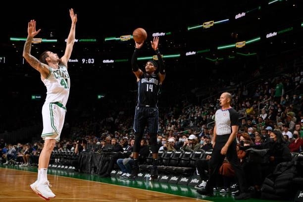Gary Harris of the Orlando Magic shoots a three point basket during the game against the Boston Celtics on October 4, 2021 at the TD Garden in...