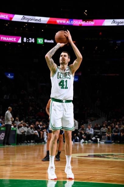 Juancho Hernangomez of the Boston Celtics shoots a free throw during the game against the Orlando Magic on October 4, 2021 at the TD Garden in...