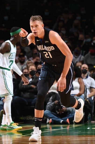 Moritz Wagner of the Orlando Magic celebrates during the game against the Boston Celtics on October 4, 2021 at the TD Garden in Boston,...