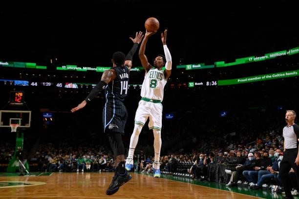 Josh Richardson of the Boston Celtics shoots the ball during the game against the Orlando Magic on October 4, 2021 at the TD Garden in Boston,...