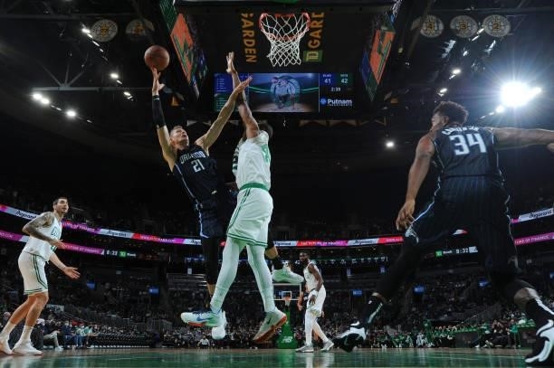 Moritz Wagner of the Orlando Magic shoots the ball during the game against the Boston Celtics on October 4, 2021 at the TD Garden in Boston,...