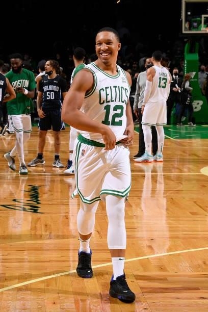 Grant Williams of the Boston Celtics celebrates after the game against the Orlando Magic on October 4, 2021 at the TD Garden in Boston,...