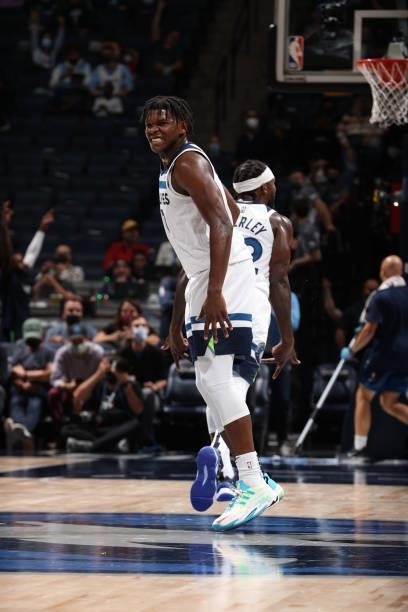 Anthony Edwards of the Minnesota Timberwolves smiles during the game against the New Orleans Pelicans during a pre-season game on October 4, 2021 at...