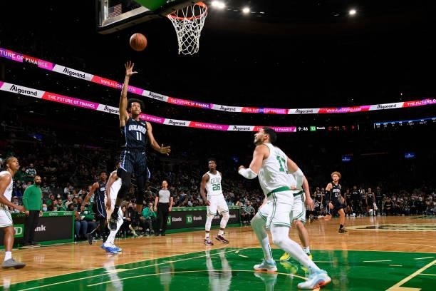 Jeff Dowtin Jr. #11 of the Orlando Magic shoots the ball during the game against the Boston Celtics on October 4, 2021 at the TD Garden in Boston,...