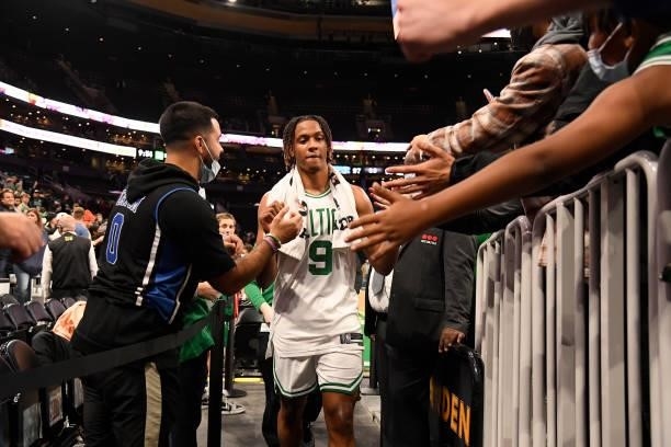 Romeo Langford of the Boston Celtics leaves the arena after the game against the Orlando Magic on October 4, 2021 at the TD Garden in Boston,...