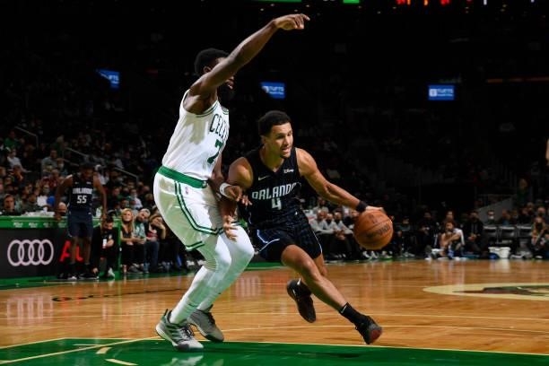 Jalen Suggs of the Orlando Magic drives to the basket during the game against the Boston Celtics on October 4, 2021 at the TD Garden in Boston,...