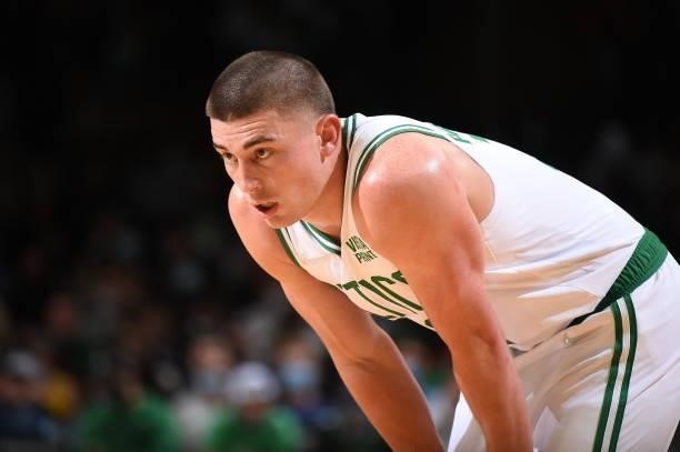 Payton Pritchard of the Boston Celtics looks on during the game against the Orlando Magic on October 4, 2021 at the TD Garden in Boston,...