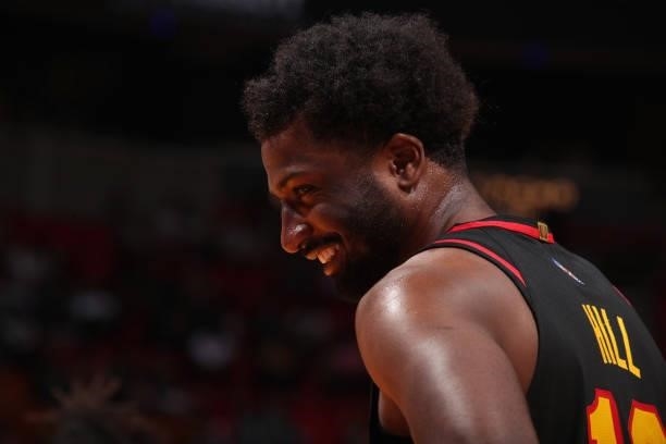 Solomon Hill of the Atlanta Hawks smiles during a preseason game against the Miami Heat on October 4, 2021 at FTX Arena in Miami, Florida. NOTE TO...