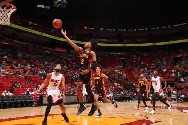 Sharife Cooper of the Atlanta Hawks shoots the ball during a preseason game against the Miami Heat on October 4, 2021 at FTX Arena in Miami, Florida....