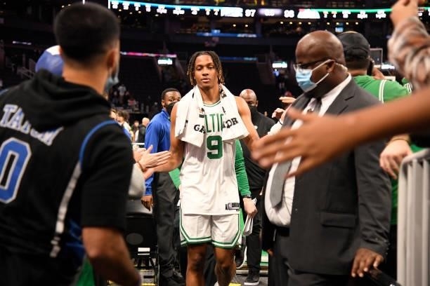Romeo Langford of the Boston Celtics leaves the arena after the game against the Orlando Magic on October 4, 2021 at the TD Garden in Boston,...