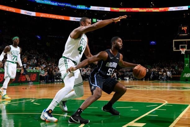 Twaun Moore of the Orlando Magic handles the ball during the game against the Boston Celtics on October 4, 2021 at the TD Garden in Boston,...