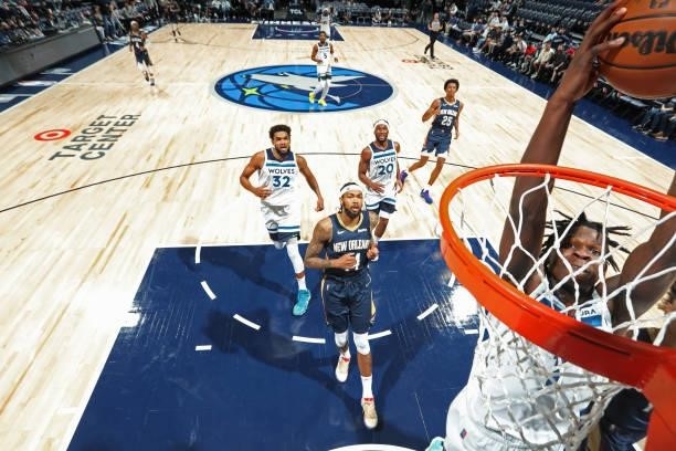 Anthony Edwards of the Minnesota Timberwolves dunks the ball during a preseason game against the New Orleans Pelicans on October 4, 2021 at Target...