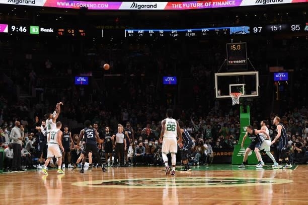 Romeo Langford of the Boston Celtics shoots a three point basket to win the game against the Orlando Magic on October 4, 2021 at the TD Garden in...