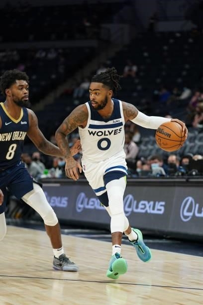 Angelo Russell of the Minnesota Timberwolves drives to the basket during a preseason game against the New Orleans Pelicans on October 4, 2021 at...
