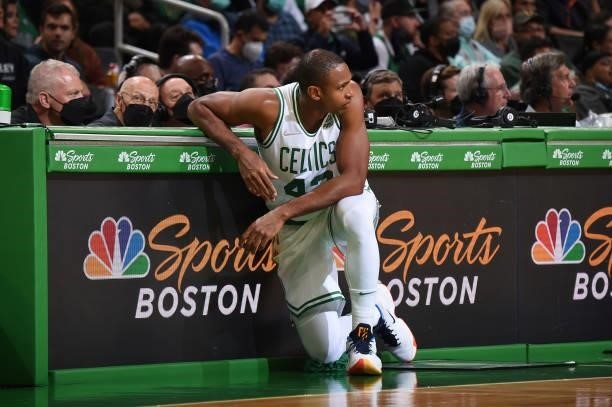 Al Horford of the Boston Celtics looks on during the game against the Orlando Magic on October 4, 2021 at the TD Garden in Boston, Massachusetts....