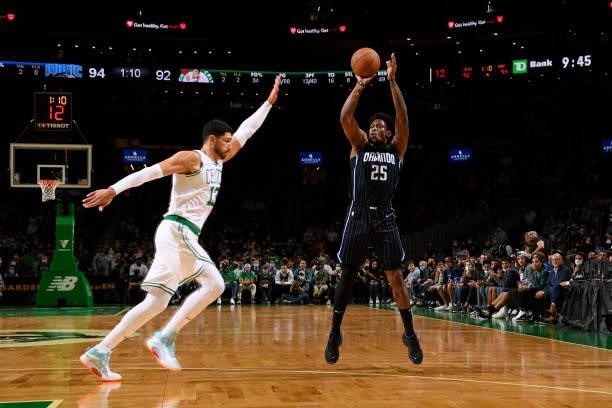 Admiral Schofield of the Orlando Magic shoots a three point basket during the game against the Boston Celtics on October 4, 2021 at the TD Garden in...