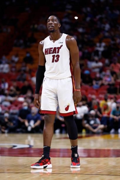 Bam Adebayo of the Miami Heat looks on during a preseason game against the Atlanta Hawks on October 4, 2021 at FTX Arena in Miami, Florida. NOTE TO...