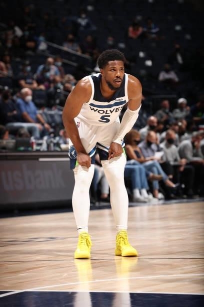 Malik Beasley of the Minnesota Timberwolves looks on during the game against the New Orleans Pelicans during a pre-season game on October 4, 2021 at...