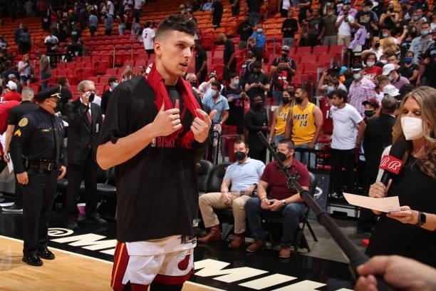 Tyler Herro of the Miami Heat interviews after a preseason game against the Atlanta Hawks on October 4, 2021 at FTX Arena in Miami, Florida. NOTE TO...