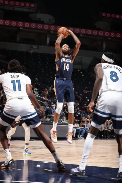 Brandon Ingram of the New Orleans Pelicans shoots the ball against the Minnesota Timberwolves during a pre-season game on October 4, 2021 at Target...